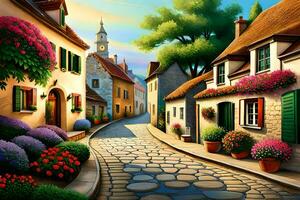 a painting of a street with flowers and flowers. AI-Generated photo