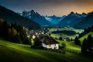 a house in the mountains with a mountain range in the background. AI-Generated photo