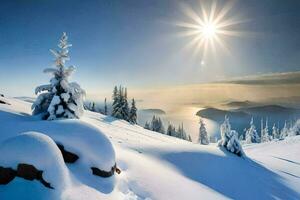 photo wallpaper the sky, snow, trees, the sun, mountains, trees, the sun,. AI-Generated