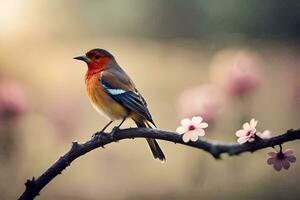 a bird sits on a branch with flowers in the background. AI-Generated photo