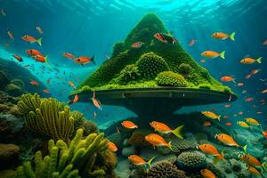 a coral reef with a small island and fish. AI-Generated photo