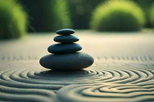 a stack of rocks on a circular pattern in the middle of a grassy area. AI-Generated photo