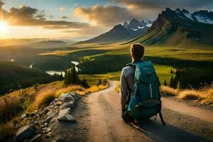 a man with a backpack sitting on the road at sunset. AI-Generated photo