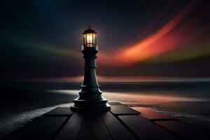 a lighthouse with a colorful light shining on it. AI-Generated photo