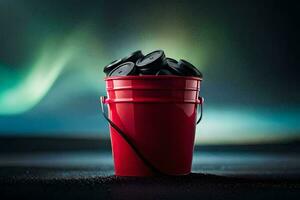 a red bucket with black lids sitting on the ground. AI-Generated photo