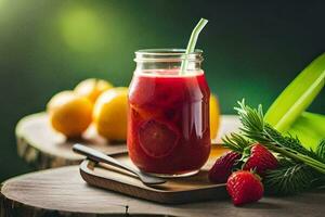 a glass jar with a strawberry and lemon juice. AI-Generated photo