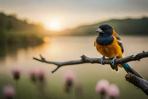 a bird sits on a branch near a lake. AI-Generated photo