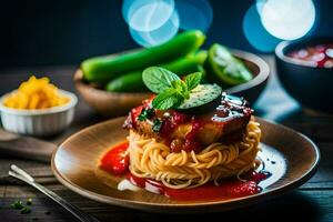 a plate of spaghetti with tomato sauce and cucumbers. AI-Generated photo