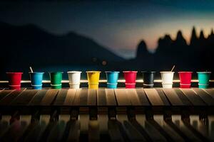 a row of colorful cups on a piano. AI-Generated photo