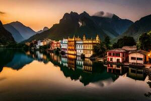 un hermosa puesta de sol terminado un lago con edificios y montañas. generado por ai foto