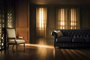 un vivo habitación con un cuero sofá y silla. generado por ai foto