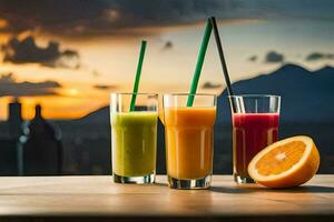 three glasses of juice with a sunset in the background. AI-Generated photo