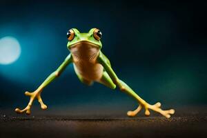 a frog jumping on a dark background. AI-Generated photo