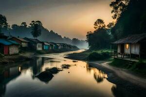 a river runs through a village at sunrise. AI-Generated photo