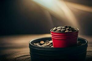 coffee beans in a red bucket. AI-Generated photo