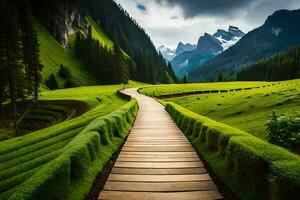 un de madera camino Guías a un herboso campo. generado por ai foto