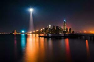 el Manhattan horizonte es iluminado a noche. generado por ai foto