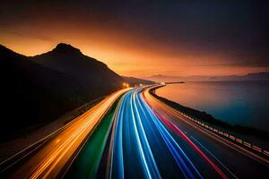 un largo exposición fotografía de un autopista a puesta de sol. generado por ai foto