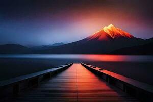 a pier leads to a mountain at sunset. AI-Generated photo