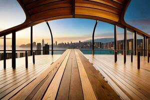 un de madera cubierta con vista a el ciudad a puesta de sol. generado por ai foto