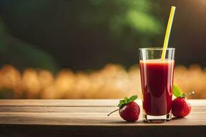 a glass of strawberry juice with a straw. AI-Generated photo