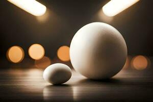 two eggs are sitting on a table with lights in the background. AI-Generated photo