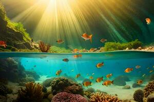 underwater scene with sun shining over coral reef. AI-Generated photo