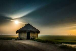 a hut sits on the side of a road in the middle of a field. AI-Generated photo