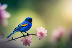 a blue bird sits on a branch with pink flowers. AI-Generated photo