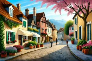 a painting of a street with flowers and trees. AI-Generated photo