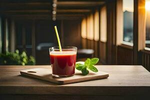 un vaso de jugo con un Paja en un de madera mesa. generado por ai foto