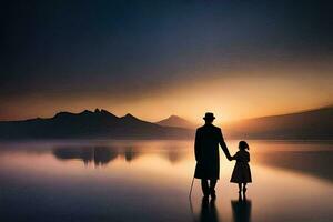 a man and a child walking in the water at sunset. AI-Generated photo