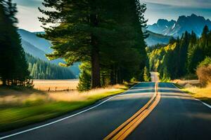 a road in the mountains with trees and mountains in the background. AI-Generated photo