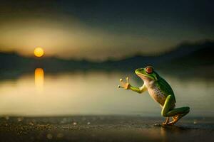 a frog standing on the beach with its legs up in the air. AI-Generated photo
