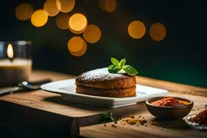 a cake on a plate with a candle and sauce. AI-Generated photo