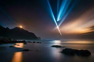 a long exposure photograph of a bright light shining over the ocean. AI-Generated photo