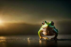 a frog is standing on the ground in front of the sun. AI-Generated photo