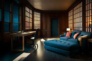 un habitación con un azul sofá y un escritorio. generado por ai foto