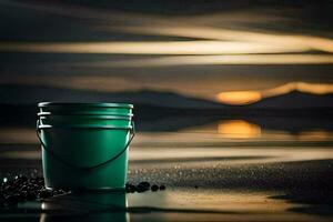 a green bucket sits on the beach at sunset. AI-Generated photo
