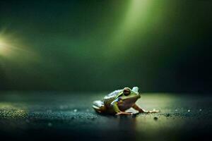 a frog sitting on the ground in front of a green light. AI-Generated photo