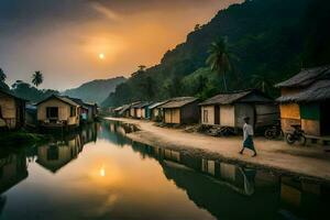 a man walking along a river in front of huts. AI-Generated photo