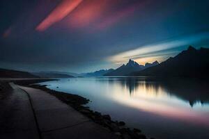 un largo exposición fotografía de un lago y montañas. generado por ai foto