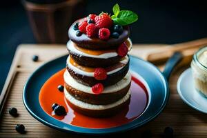 a stack of pancakes with berries and cream. AI-Generated photo