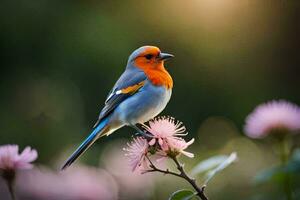 a colorful bird sits on a flower. AI-Generated photo