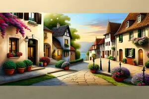 a painting of a street with flowers and houses. AI-Generated photo