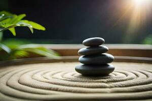 zen stones stacked on top of a circular table. AI-Generated photo