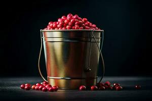 a bucket filled with cranberries on a dark background. AI-Generated photo