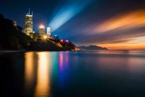 el ciudad luces arriba a noche en hong Kong generado por ai foto