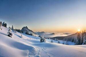 photo wallpaper the sky, snow, trees, mountains, sunrise, the sun, the mountains,. AI-Generated