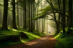 a man walks down a path in the woods. AI-Generated photo